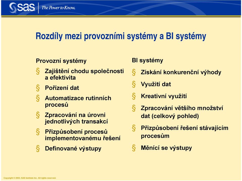 procesů implementovanému řešení Definované výstupy BI systémy Získání konkurenční výhody Využití dat