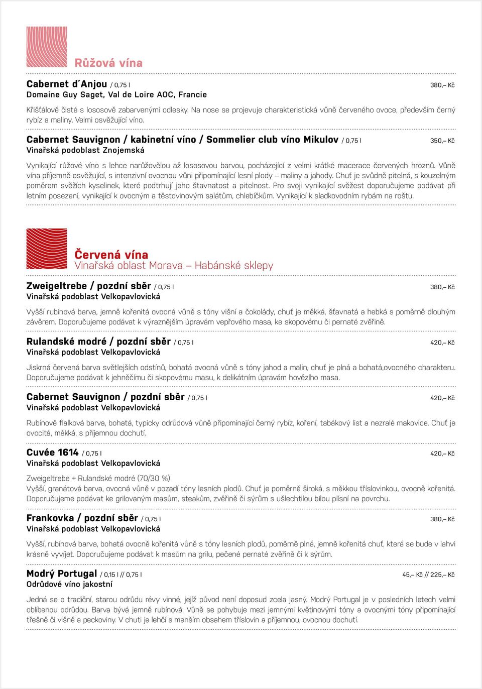Cabernet Sauvignon / kabinetní víno / Sommelier club víno Mikulov / 0,75 l Vinařská podoblast Znojemská 350, Kč Vynikající růžové víno s lehce narůžovělou až lososovou barvou, pocházející z velmi