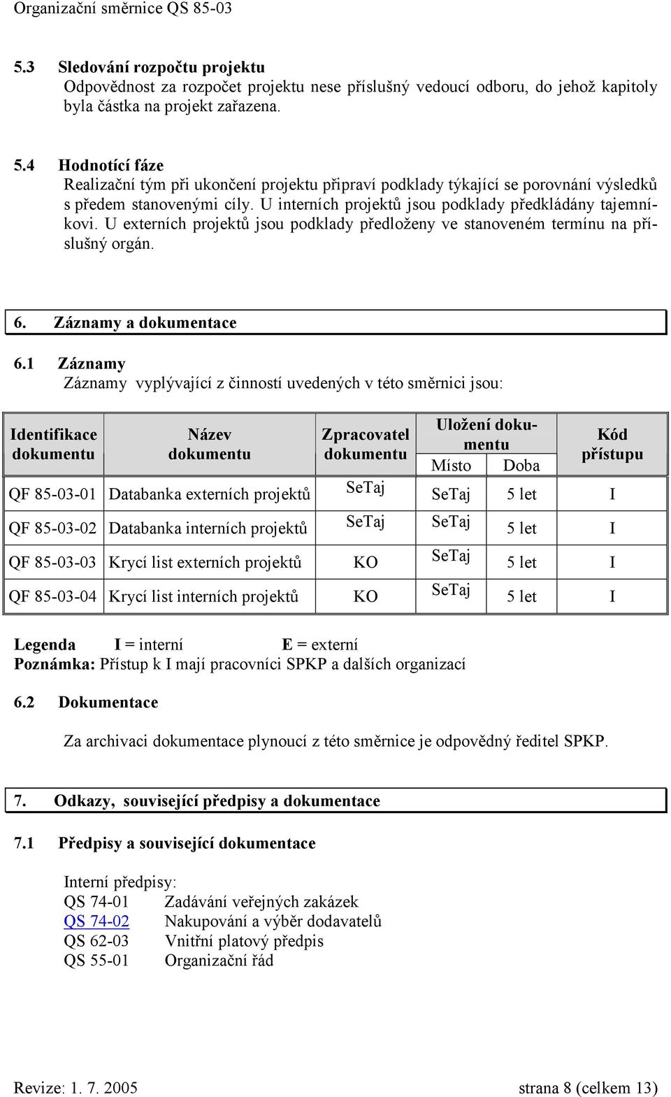 U externích projektů jsou podklady předloženy ve stanoveném termínu na příslušný orgán. 6. Záznamy a dokumentace 6.