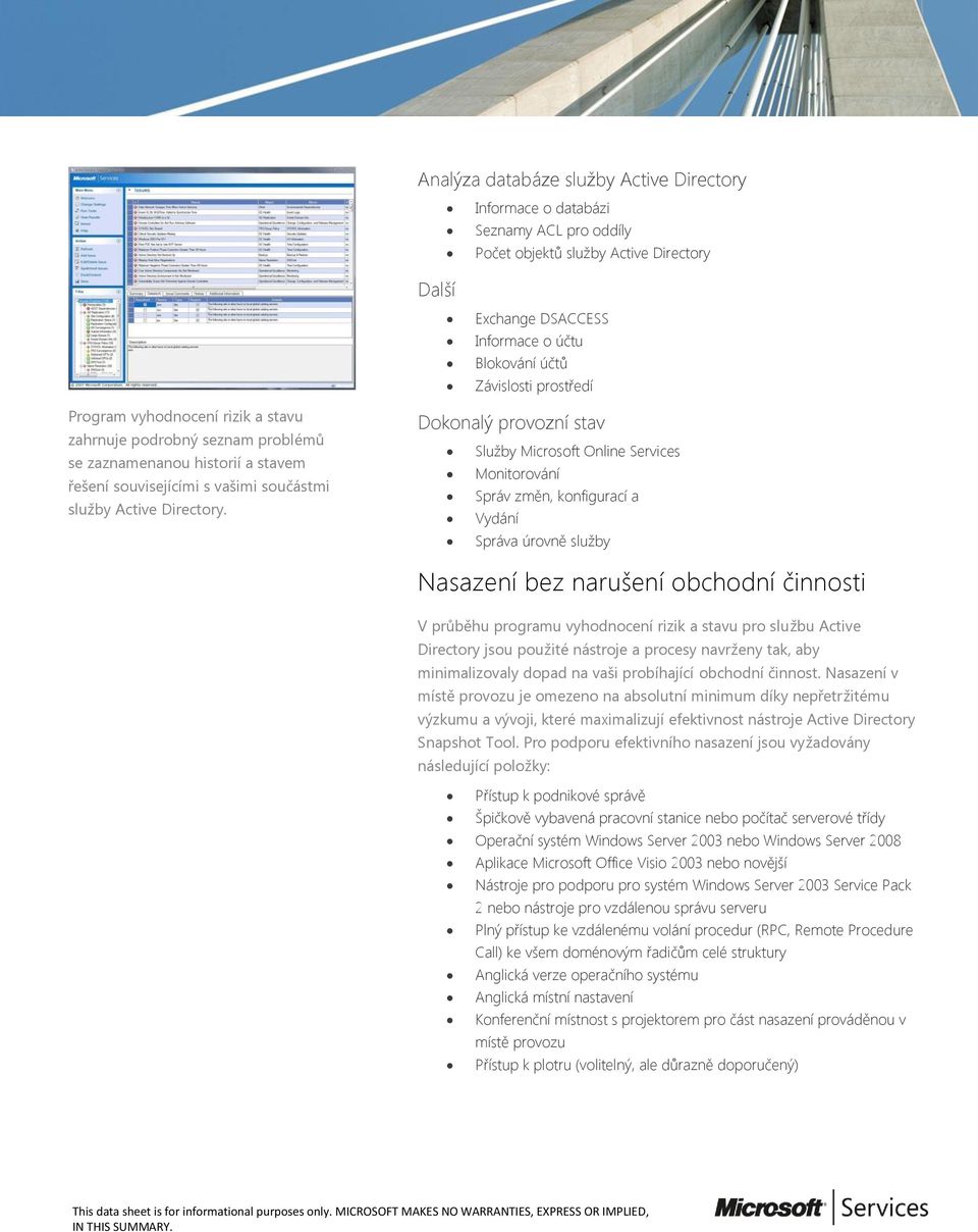 Dokonalý provozní stav Služby Microsoft Online Services Monitorování Správ změn, konfigurací a Vydání Správa úrovně služby Nasazení bez narušení obchodní činnosti V průběhu programu vyhodnocení rizik
