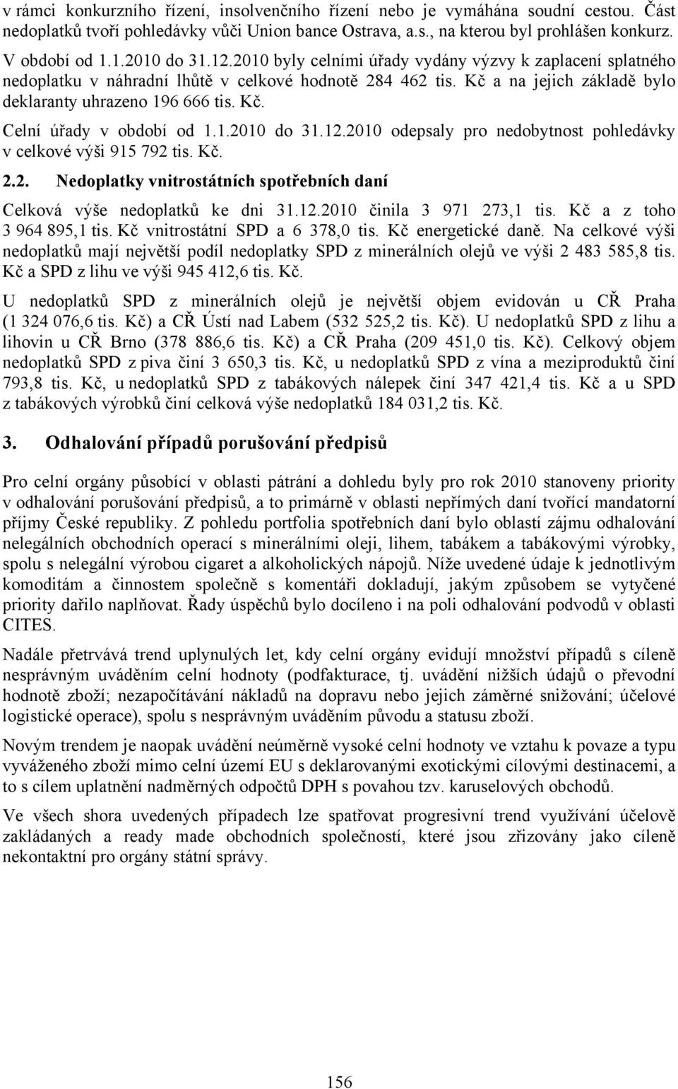 1.2010 do 31.12.2010 odepsaly pro nedobytnost pohledávky v celkové výši 915 792 tis. Kč. 2.2. Nedoplatky vnitrostátních spotřebních daní Celková výše nedoplatků ke dni 31.12.2010 činila 3 971 273,1 tis.