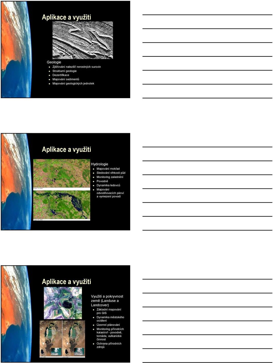 Mapování odvodňovacích pánví a vymezení povodí Aplikace a využití Využití a pokryvnost země (Landuse a Landcover) Základní mapování pro