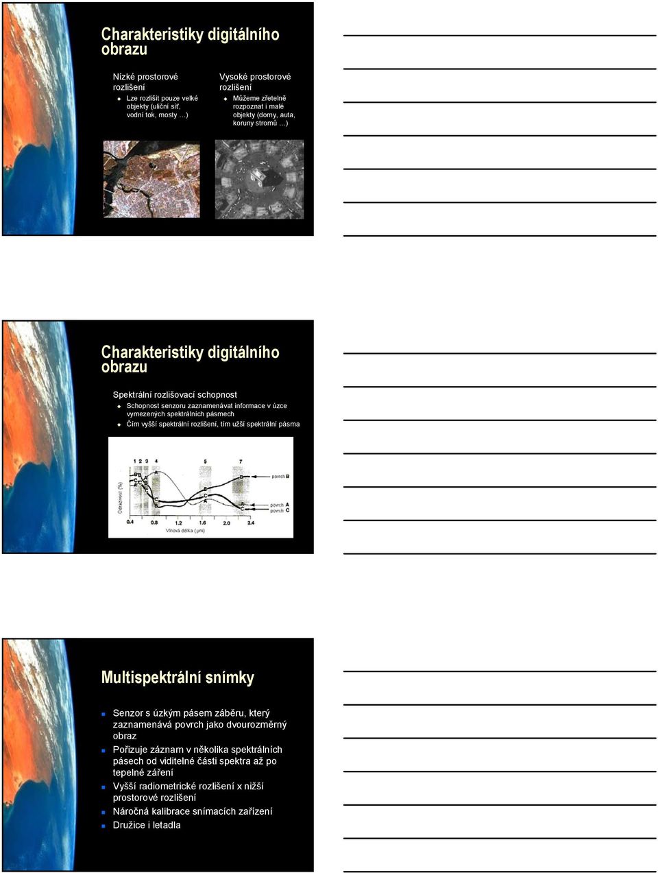 pásmech Čím vyšší spektrální rozlišení, tím užší spektrální pásma Multispektrální snímky Senzor s úzkým pásem záběru, který zaznamenává povrch jako dvourozměrný obraz Pořizuje záznam v