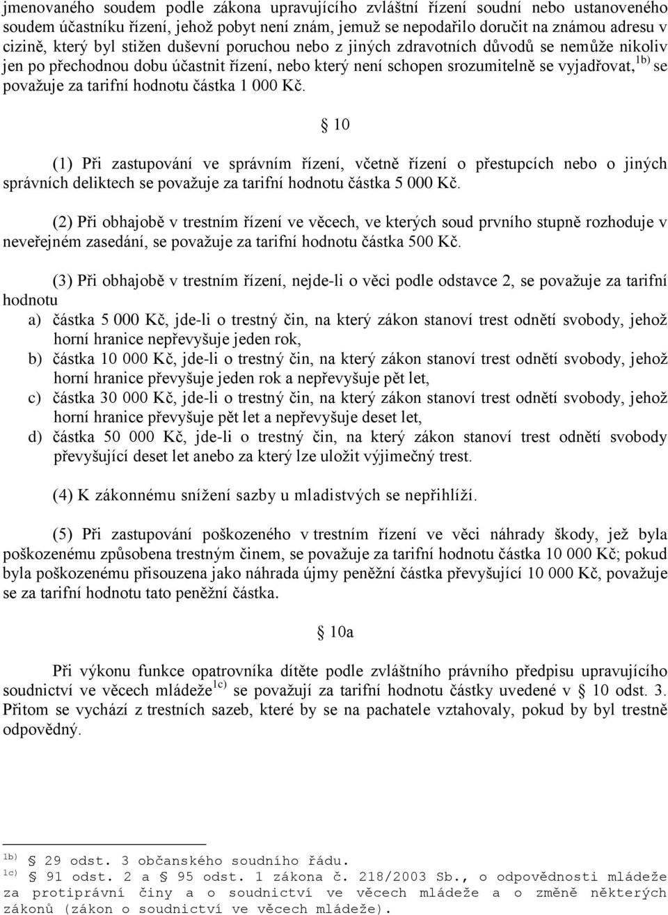 hodnotu částka 1 000 Kč. 10 (1) Při zastupování ve správním řízení, včetně řízení o přestupcích nebo o jiných správních deliktech se považuje za tarifní hodnotu částka 5 000 Kč.