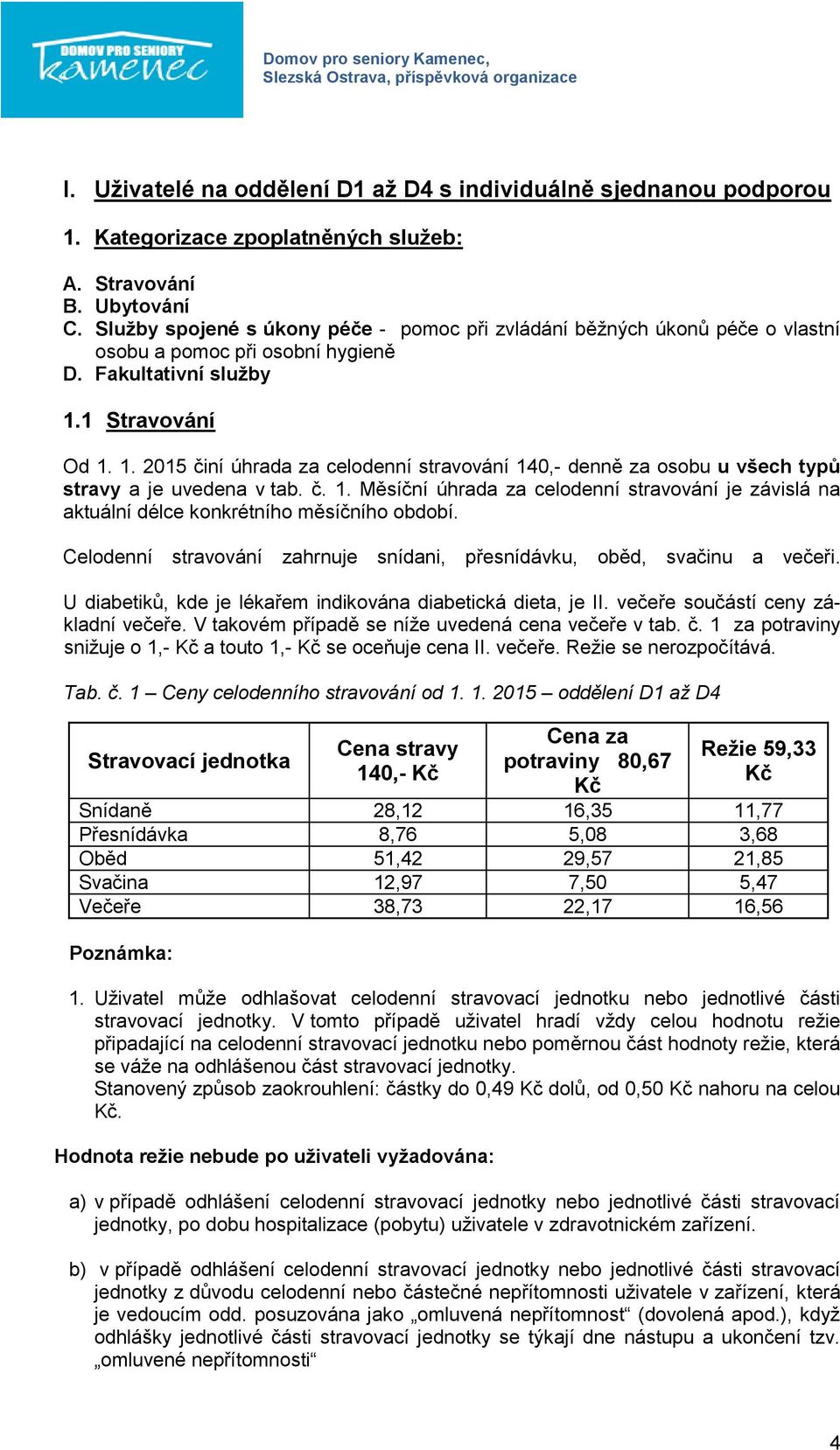 1 Stravování Od 1. 1. 2015 činí úhrada za celodenní stravování 140,- denně za osobu u všech typů stravy a je uvedena v tab. č. 1. Měsíční úhrada za celodenní stravování je závislá na aktuální délce konkrétního měsíčního období.