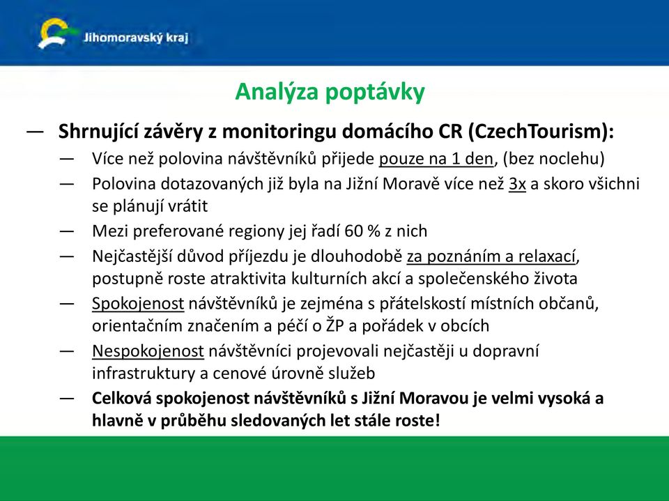atraktivita kulturních akcí a společenského života Spokojenost návštěvníků je zejména s přátelskostí místních občanů, orientačním značením a péčí o ŽP a pořádek v obcích Nespokojenost