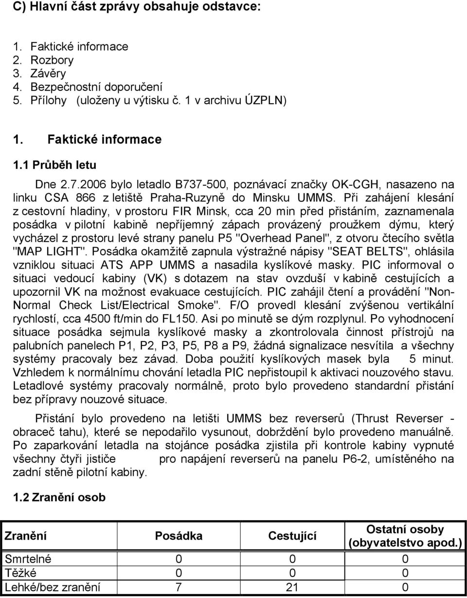 Při zahájení klesání z cestovní hladiny, v prostoru FIR Minsk, cca 20 min před přistáním, zaznamenala posádka v pilotní kabině nepříjemný zápach provázený proužkem dýmu, který vycházel z prostoru