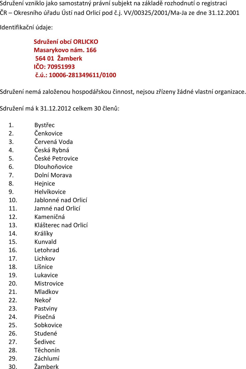 Sdružení má k 31.12.2012 celkem 30 členů: 1. Bystřec 2. Čenkovice 3. Červená Voda 4. Česká Rybná 5. České Petrovice 6. Dlouhoňovice 7. Dolní Morava 8. Hejnice 9. Helvíkovice 10.