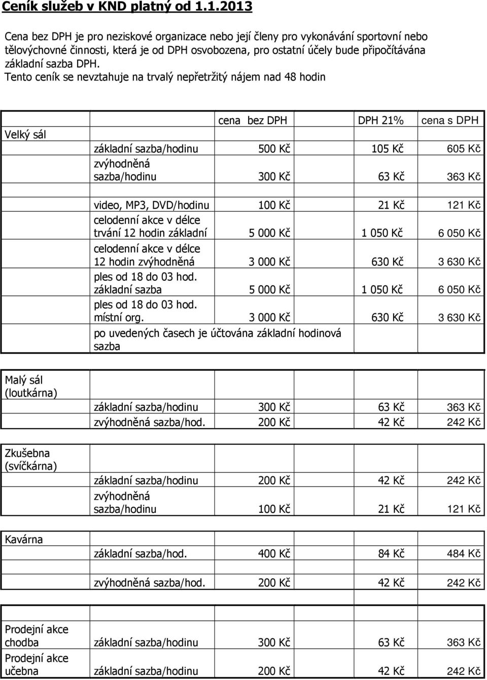 DPH. Tento ceník se nevztahuje na trvalý nepřetržitý nájem nad 48 hodin Velký sál cena bez DPH DPH 21% cena s DPH základní sazba/hodinu 500 Kč 105 Kč 605 Kč zvýhodněná sazba/hodinu 300 Kč 63 Kč 363