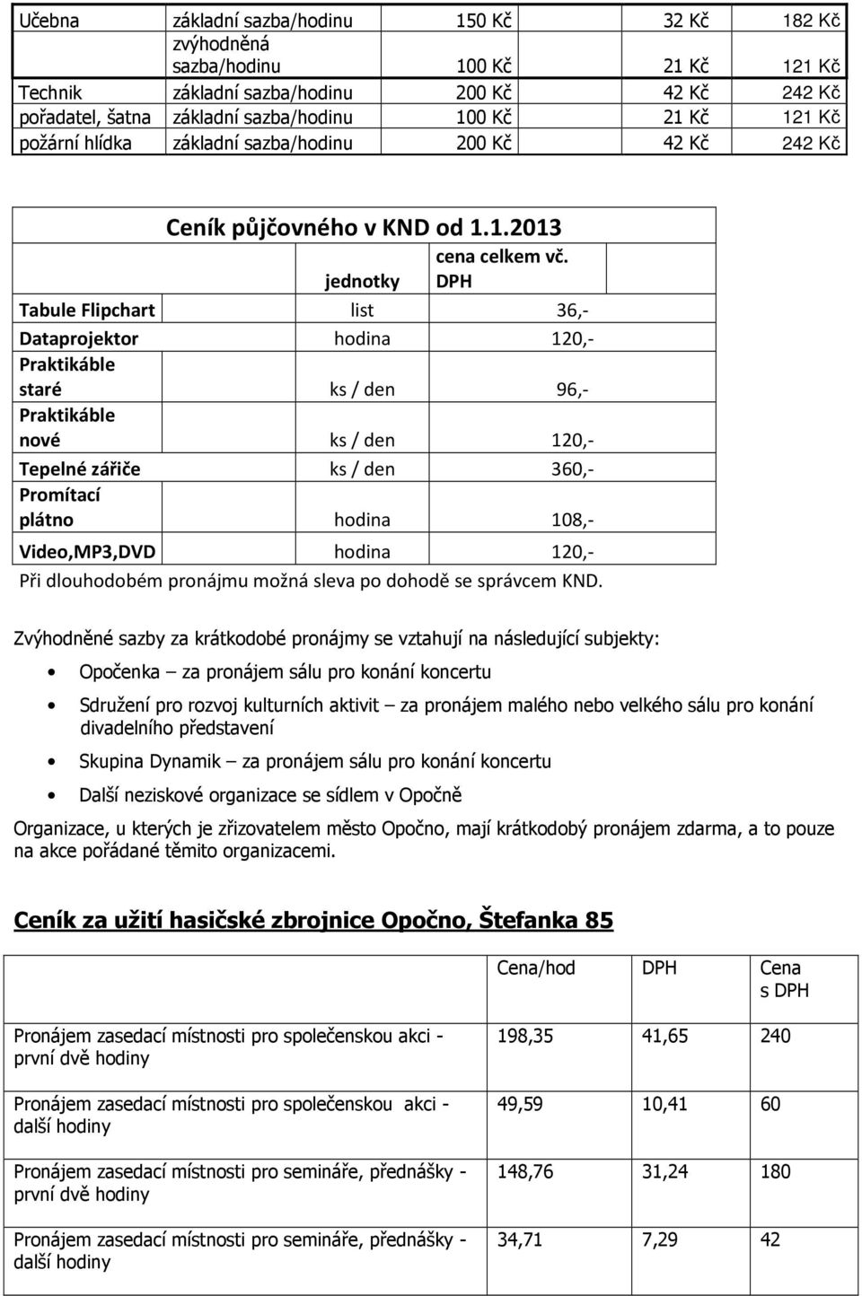 jednotky DPH Tabule Flipchart list 36,- Dataprojektor hodina 120,- Praktikáble staré ks / den 96,- Praktikáble nové ks / den 120,- Tepelné zářiče ks / den 360,- Promítací plátno hodina 108,-