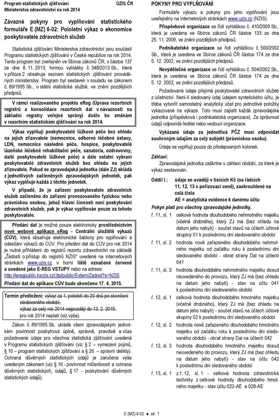 Tento program byl zveřejněn ve Sbírce zákonů ČR, v částce 137 ze dne 8. 11. 2013, formou vyhlášky č. 348/2013 Sb., která v příloze 2 obsahuje seznam statistických zjišťování prováděných ministerstvy.