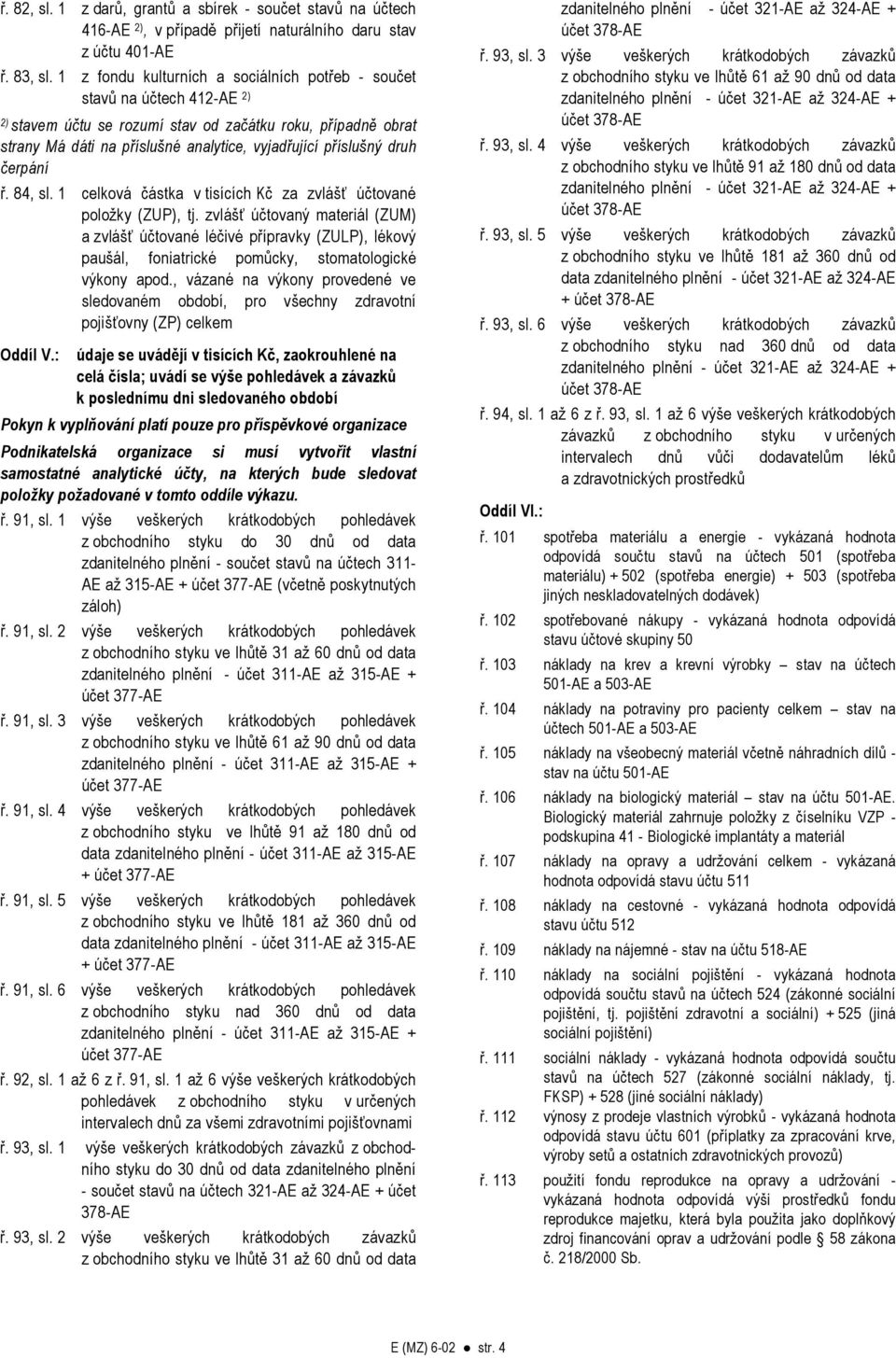 druh čerpání ř. 84, sl. 1 celková částka v tisících Kč za zvlášť účtované položky (ZUP), tj.