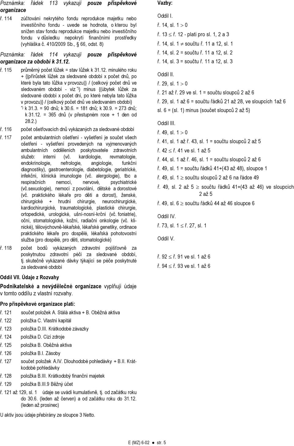 prostředky (vyhláška č. 410/2009 Sb., 66, odst. 8) Poznámka: řádek 114 vykazují pouze příspěvkové organizace za období k 31.12.