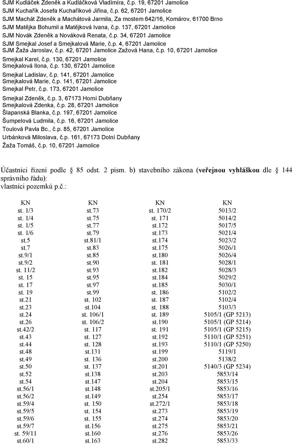 p. 10, 67201 Jamolice Smejkal Karel, č.p. 130, 67201 Jamolice Smejkalová Ilona, č.p. 130, 67201 Jamolice Smejkal Ladislav, č.p. 141, 67201 Jamolice Smejkalová Marie, č.p. 141, 67201 Jamolice Smejkal Petr, č.