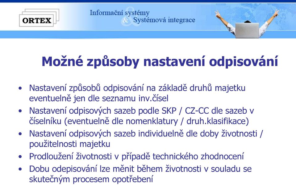 klasifikace) Nastavení odpisových sazeb individuelně dle doby životnosti / použitelnosti majetku Prodloužení