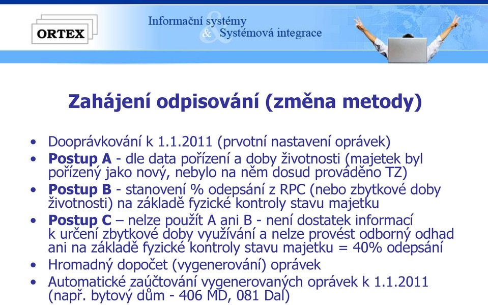 B - stanovení % odepsání z RPC (nebo zbytkové doby životnosti) na základě fyzické kontroly stavu majetku Postup C nelze použít A ani B - není dostatek