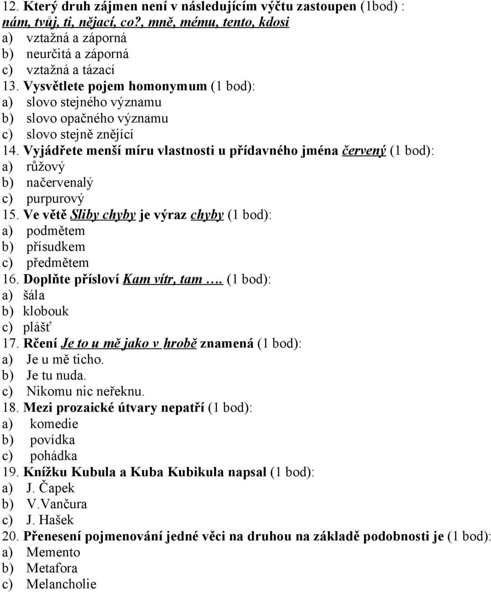 Vyjádřete menší míru vlastnosti u přídavného jména červený (1 bod): a) růžový b) načervenalý c) purpurový 15. Ve větě Sliby chyby je výraz chyby (1 bod): a) podmětem b) přísudkem c) předmětem 16.