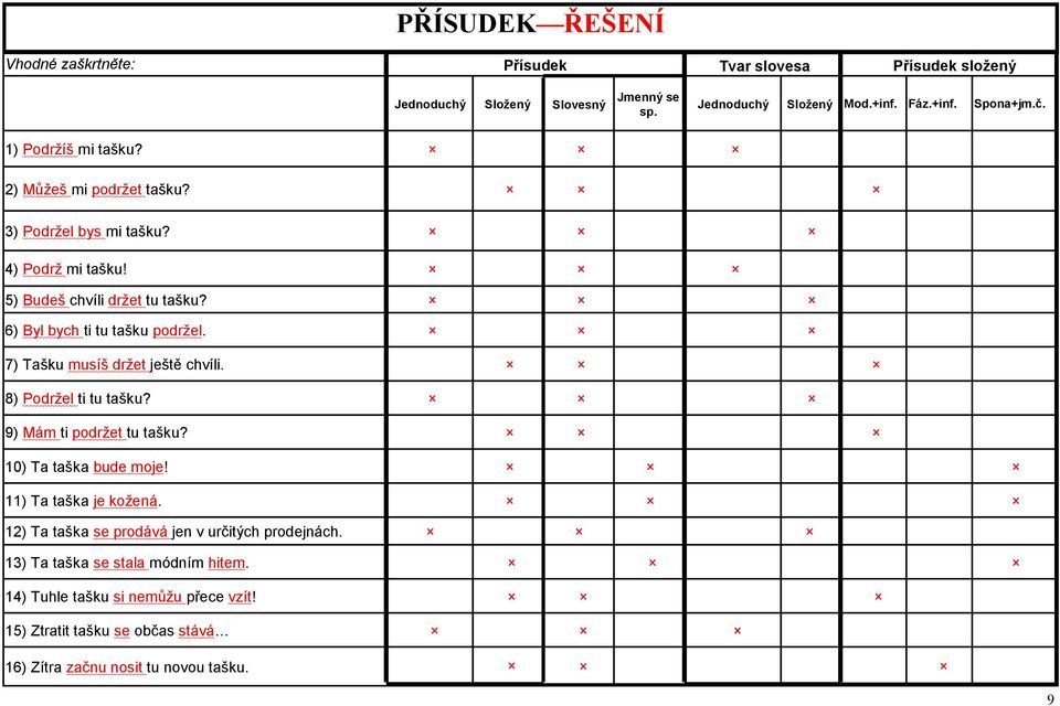 7) Tašku musíš držet ještě chvíli. 8) Podržel ti tu tašku? 9) Mám ti podržet tu tašku? 10) Ta taška bude moje! 11) Ta taška je kožená.