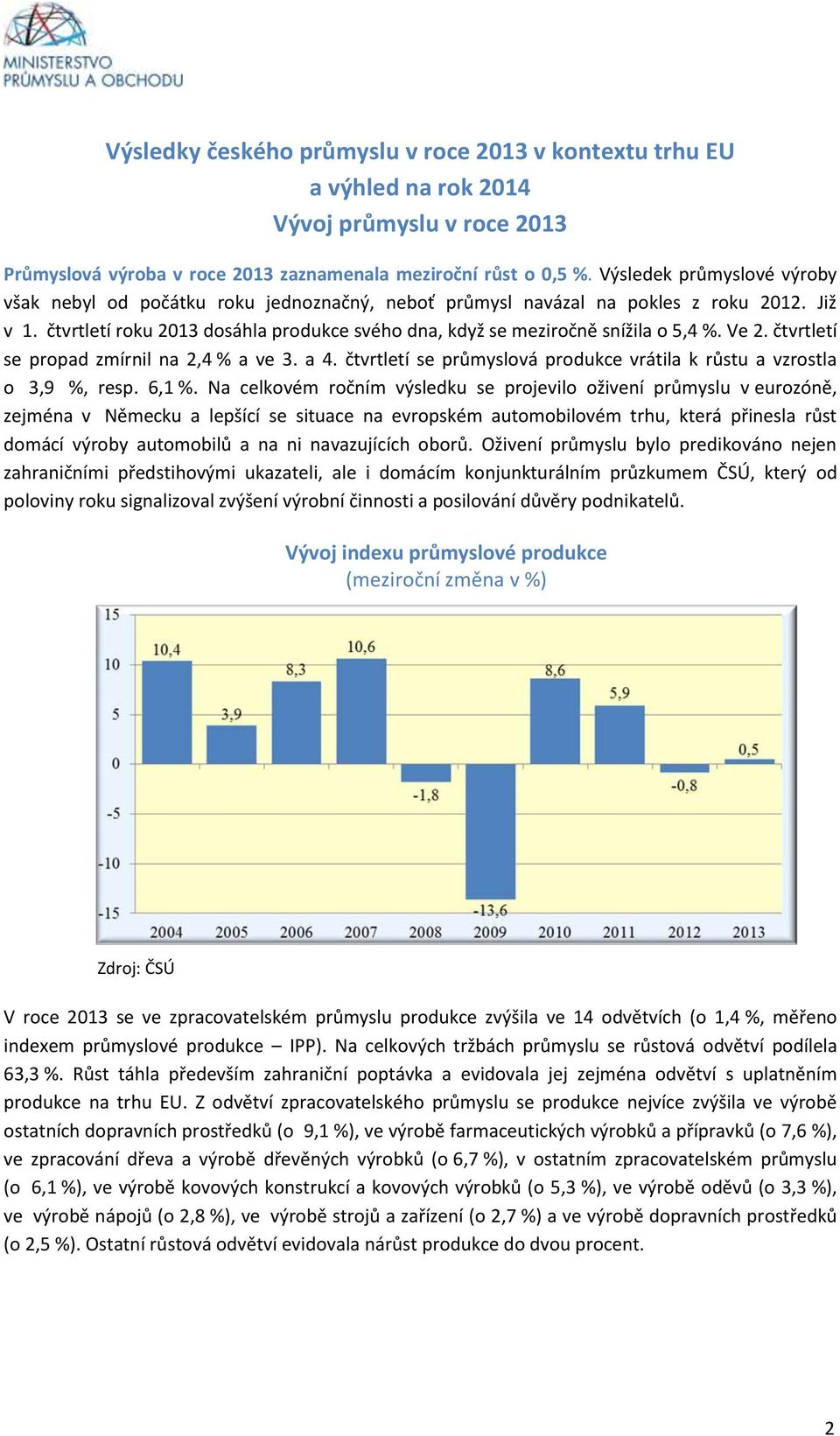 čtvrtletí roku 2013 dosáhla produkce svého dna, když se meziročně snížila o 5,4 %. Ve 2. čtvrtletí se propad zmírnil na 2,4 % a ve 3. a 4.