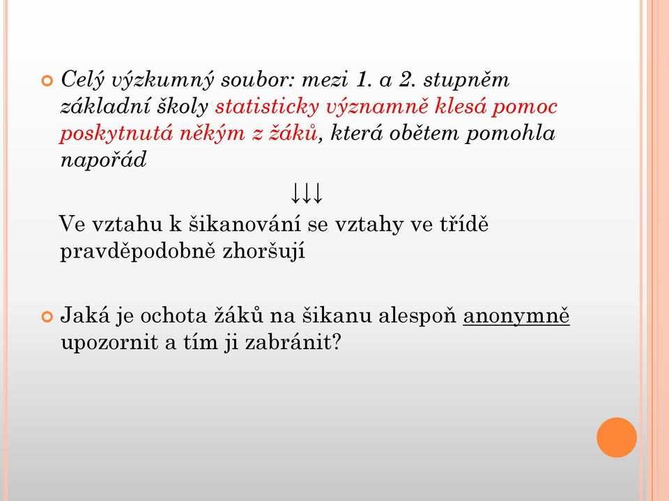 někým z žáků, která obětem pomohla napořád Ve vztahu k šikanování se