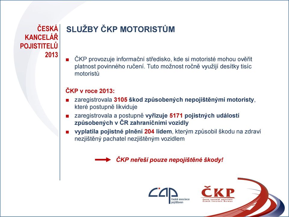 Tuto možnost ročně využijí desítky tisíc motoristů ČKP v roce 2013: zaregistrovala 3105 škod způsobených nepojištěnými motoristy, které