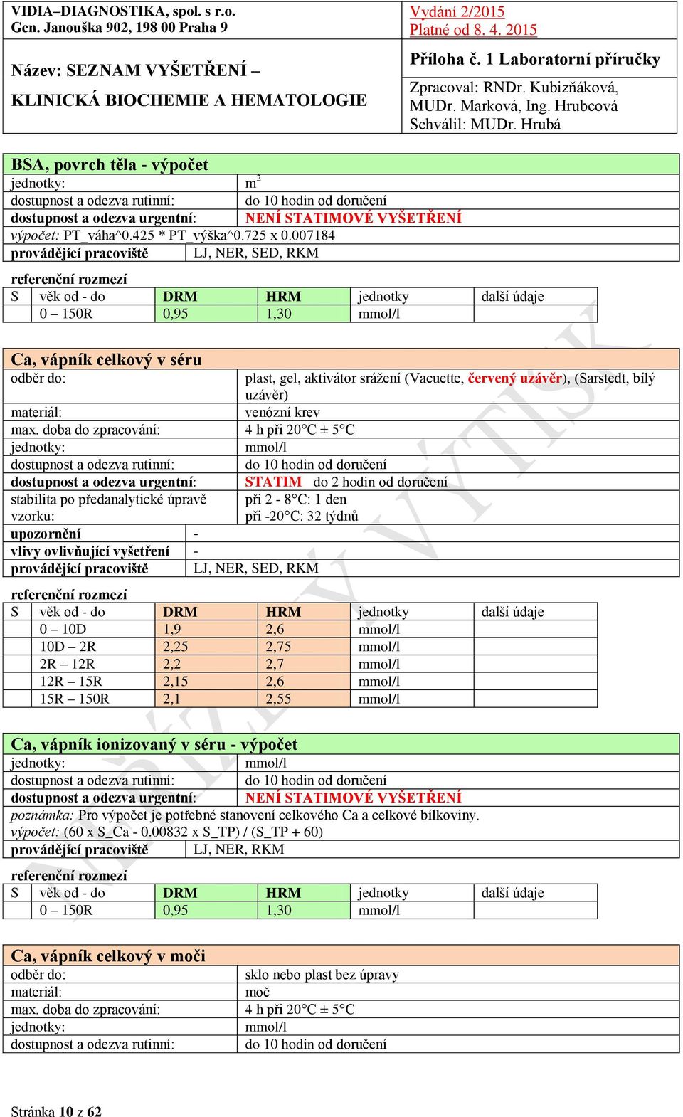 při -20 C: 32 týdnů 0 10D 1,9 2,6 mmol/l 10D 2R 2,25 2,75 mmol/l 2R 12R 2,2 2,7 mmol/l 12R 15R 2,15 2,6 mmol/l 15R 150R 2,1 2,55 mmol/l Ca, vápník ionizovaný v séru - výpočet mmol/l poznámka: Pro