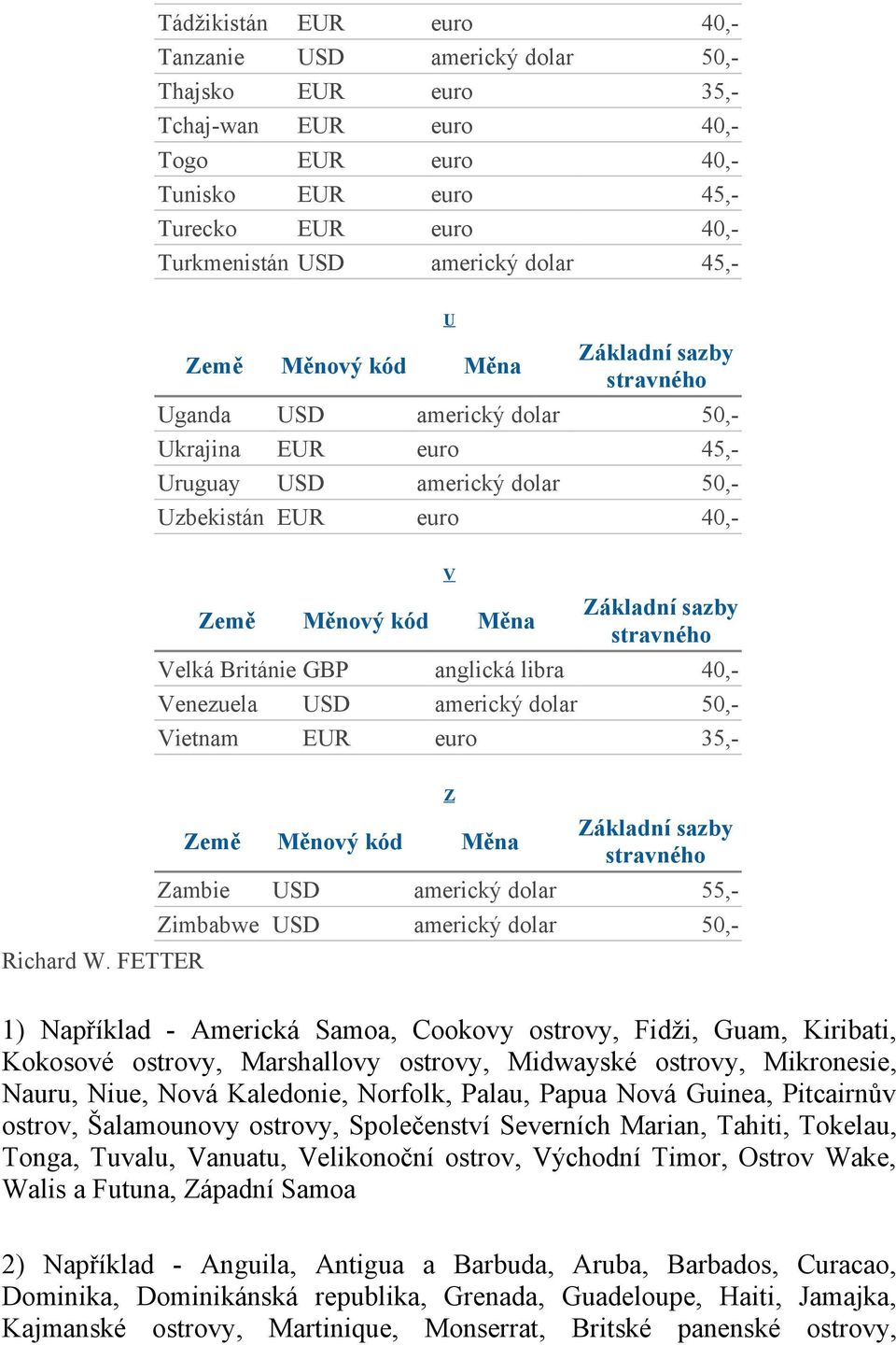 FETTER Z Zambie Zimbabwe 1) Například - Americká Samoa, Cookovy ostrovy, Fidži, Guam, Kiribati, Kokosové ostrovy, Marshallovy ostrovy, Midwayské ostrovy, Mikronesie, Nauru, Niue, Nová Kaledonie,