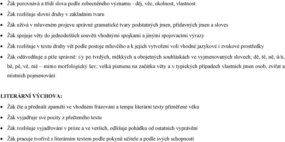 vhodné jazykové i zvukové prostředky Žák odůvodňuje a píše správně: i/y po tvrdých, měkkých a obojetných souhláskách ve vyjmenovaných slovech; dě, tě, ně, ů/ú, bě, pě, vě, mě mimo morfologický šev;