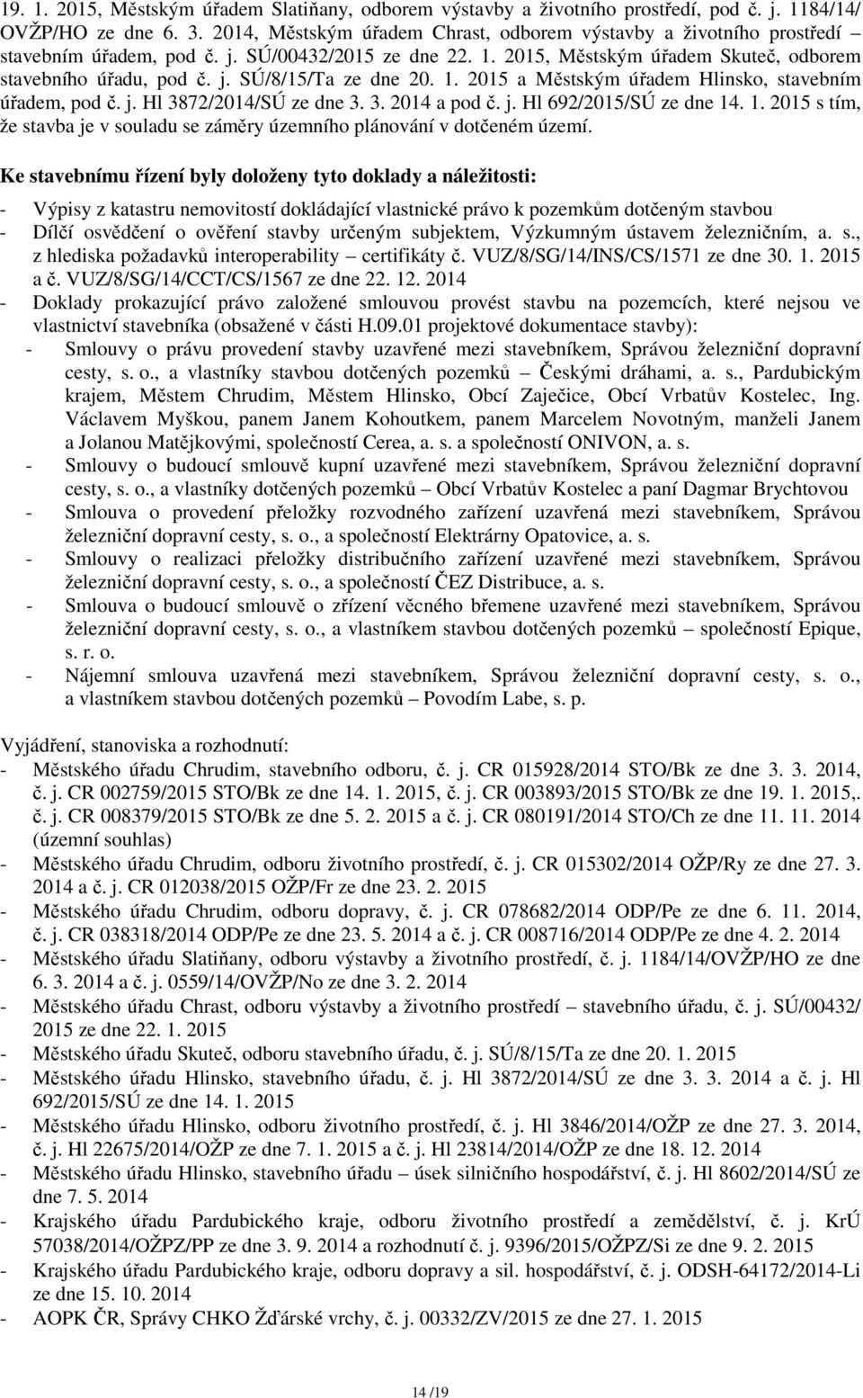 1. 2015 a Městským úřadem Hlinsko, stavebním úřadem, pod č. j. Hl 3872/2014/SÚ ze dne 3. 3. 2014 a pod č. j. Hl 692/2015/SÚ ze dne 14