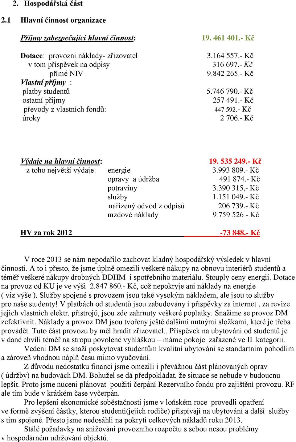 vlastních fondů: úroky 19. 461 401.- Kč 3.164 557.- Kč 316 697.- Kč 9.842 265.- Kč 5.746 790.- Kč 257 491.- Kč 447 592.- Kč 2 706.- Kč Výdaje na hlavní činnost: 19. 535 249.