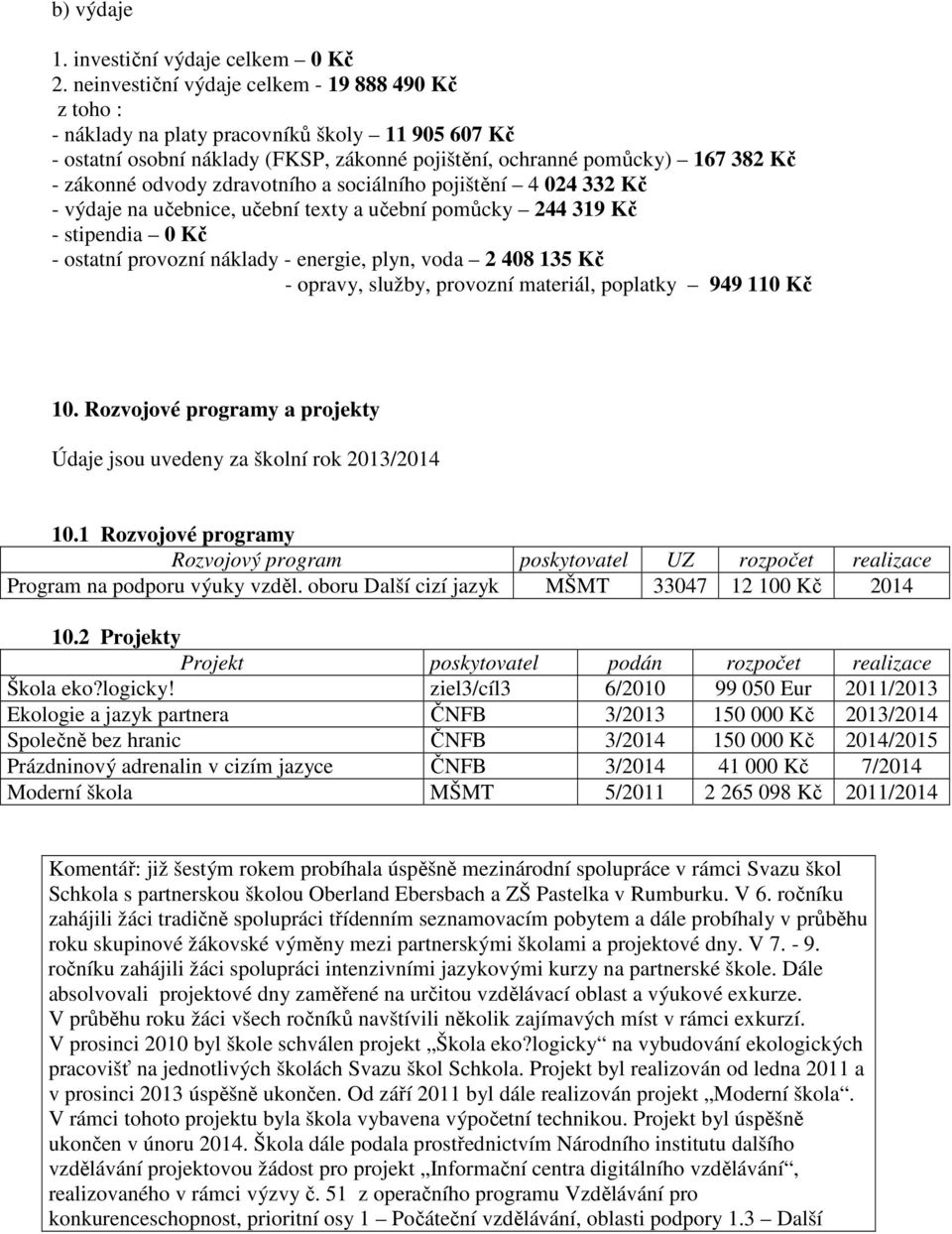 zdravotního a sociálního pojištění 4 024 332 Kč - výdaje na učebnice, učební tety a učební pomůcky 244 319 Kč - stipendia 0 Kč - ostatní provozní náklady - energie, plyn, voda 2 408 135 Kč - opravy,