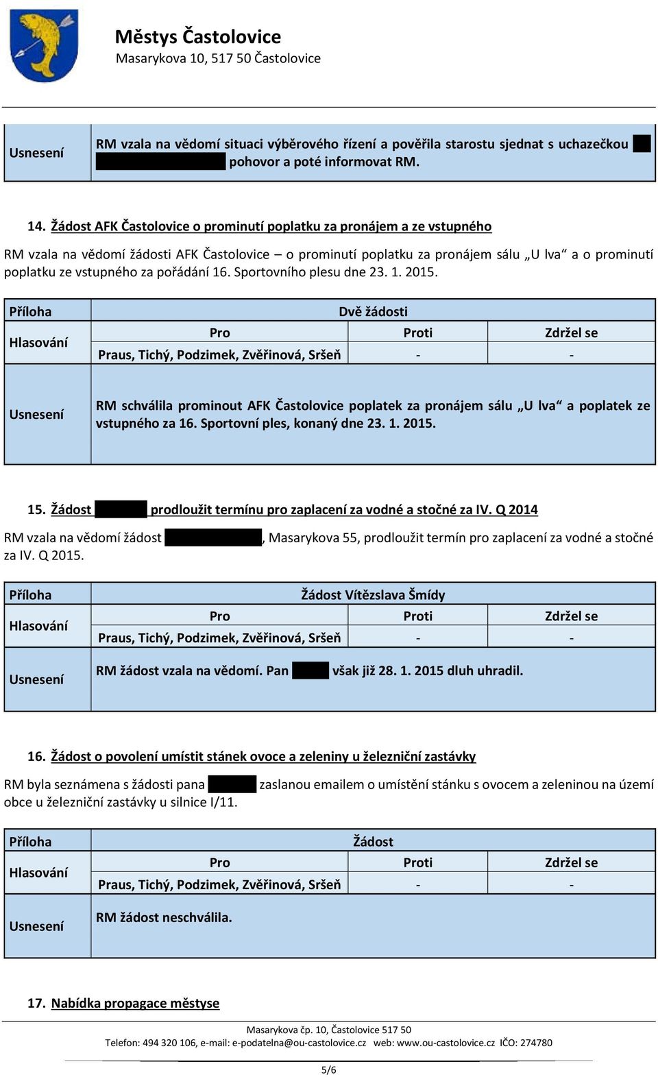 pořádání 16. Sportovního plesu dne 23. 1. 2015. Dvě žádosti RM schválila prominout AFK Častolovice poplatek za pronájem sálu U lva a poplatek ze vstupného za 16. Sportovní ples, konaný dne 23. 1. 2015. 15.