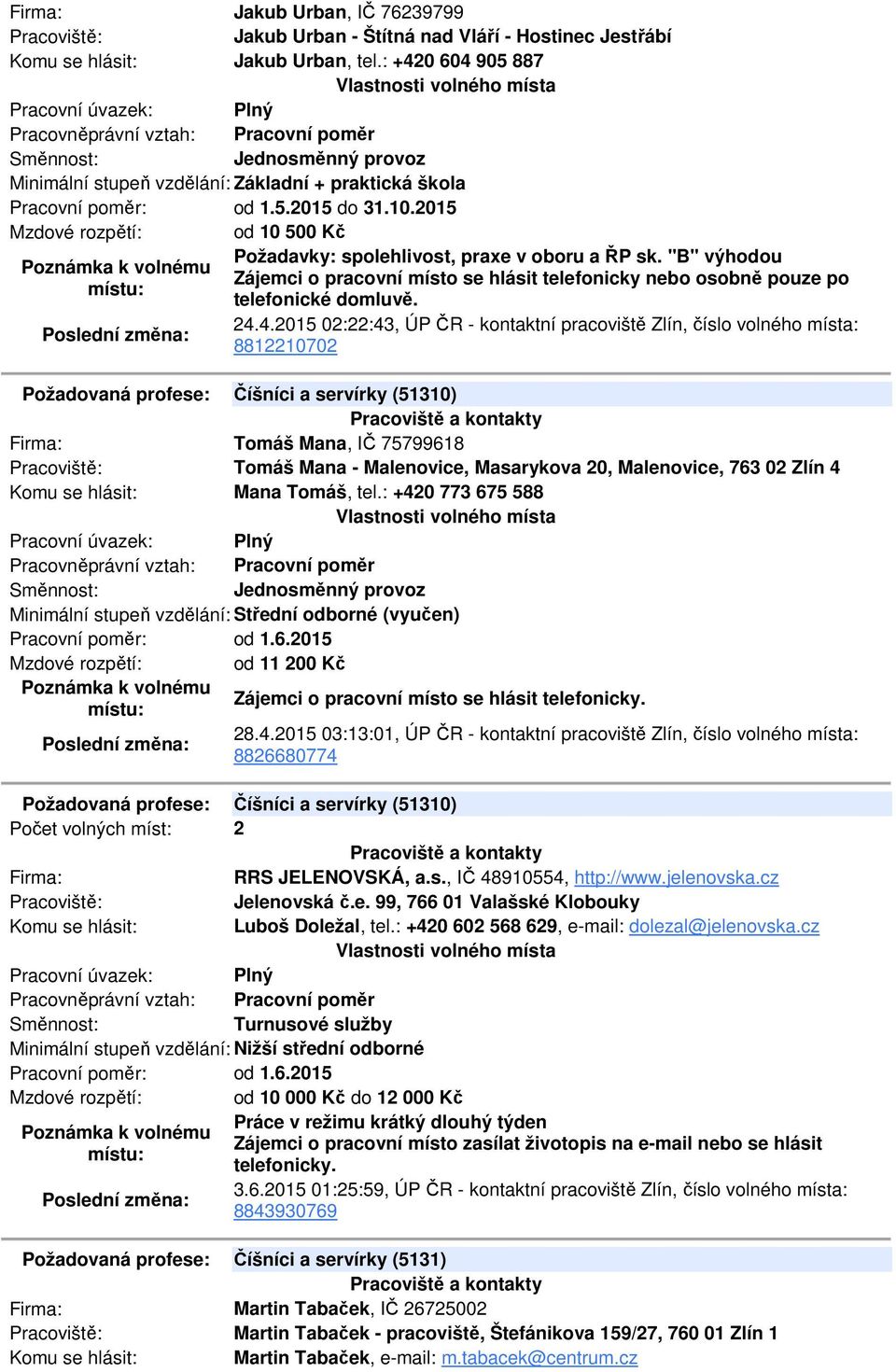 4.2015 02:22:43, ÚP ČR - kontaktní pracoviště Zlín, číslo volného místa: 8812210702 Požadovaná profese: Číšníci a servírky (51310) Tomáš Mana, IČ 75799618 Tomáš Mana - Malenovice, Masarykova 20,