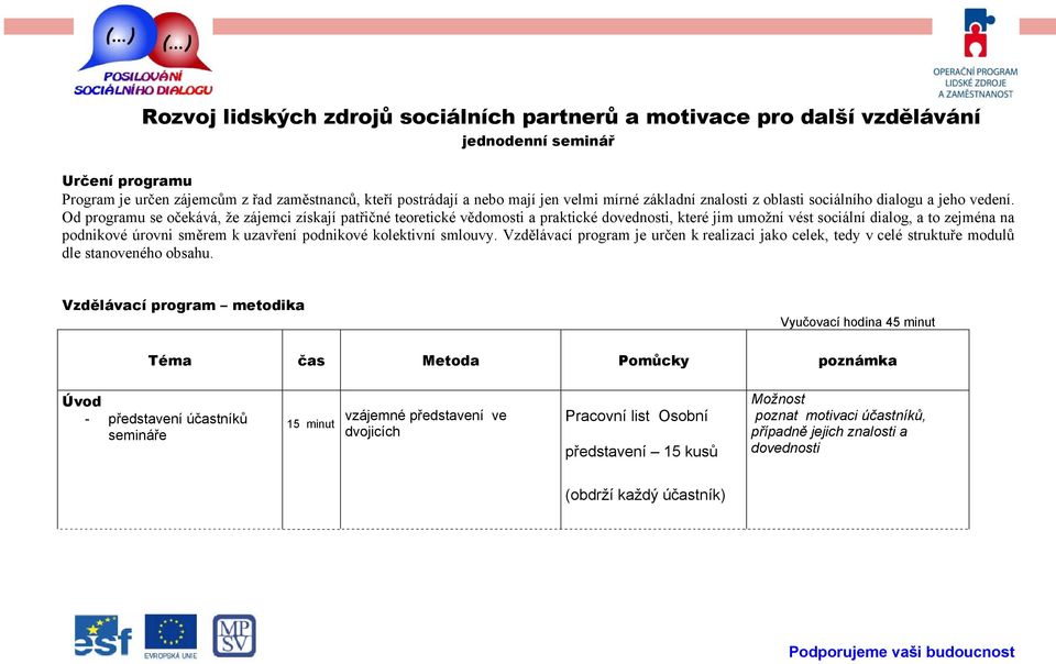 Od programu se očekává, že zájemci získají patřičné teoretické vědomosti a praktické dovednosti, které jim umožní vést sociální dialog, a to zejména na podnikové úrovni směrem k uzavření podnikové