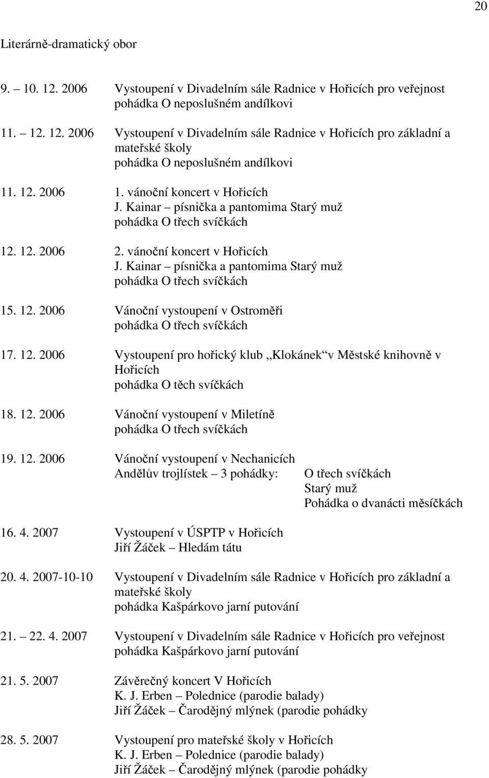 12. 2006 Vánoční vystoupení v Ostroměři pohádka O třech svíčkách 17. 12. 2006 Vystoupení pro hořický klub Klokánek v Městské knihovně v Hořicích pohádka O těch svíčkách 18. 12. 2006 Vánoční vystoupení v Miletíně pohádka O třech svíčkách 19.