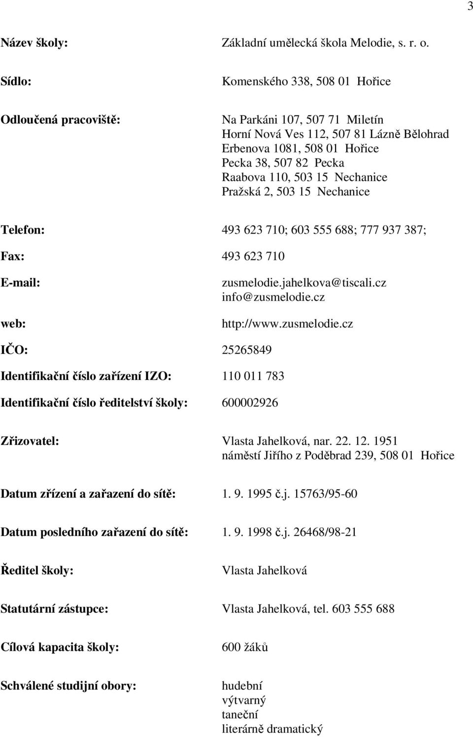 503 15 Nechanice Pražská 2, 503 15 Nechanice Telefon: 493 623 710; 603 555 688; 777 937 387; Fax: 493 623 710 E-mail: web: zusmelodie.