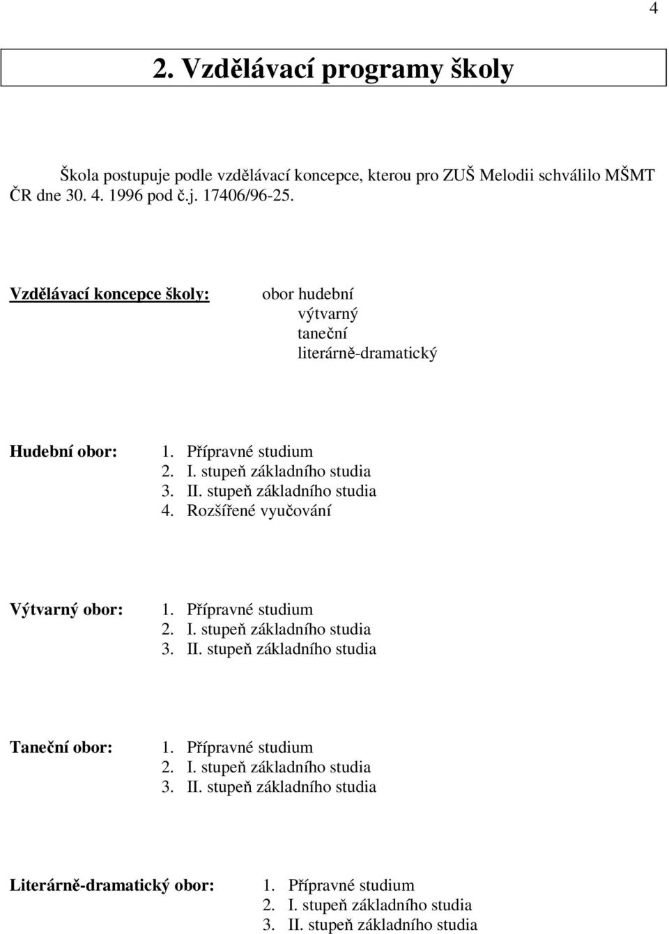 stupeň základního studia 4. Rozšířené vyučování Výtvarný obor: 1. Přípravné studium 2. I. stupeň základního studia 3. II. stupeň základního studia Taneční obor: 1.