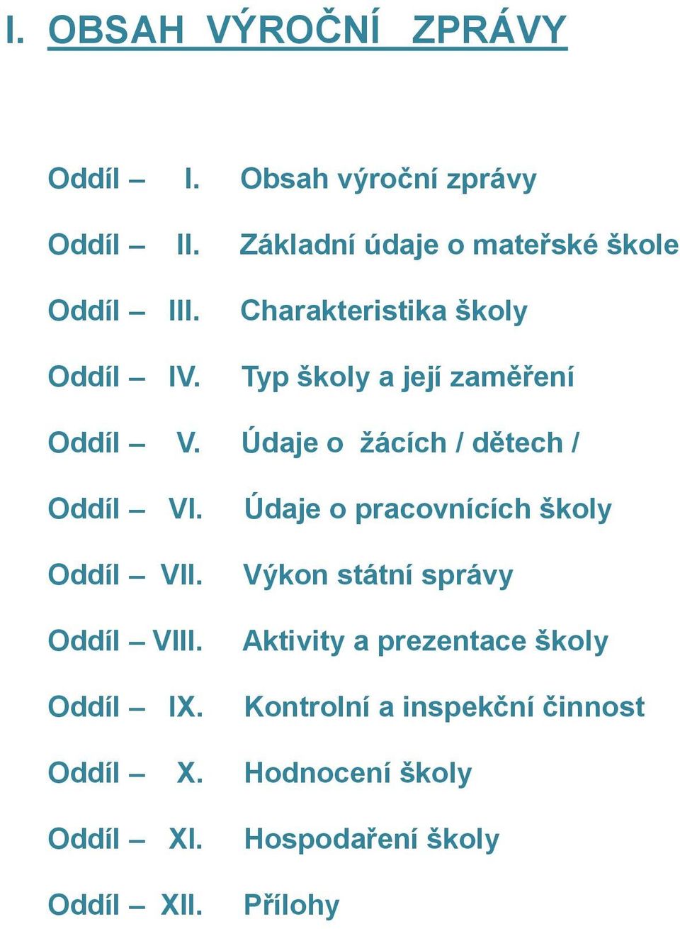 Charakteristika školy Typ školy a její zaměření Oddíl V. Údaje o žácích / dětech / Oddíl VI. Oddíl VII.