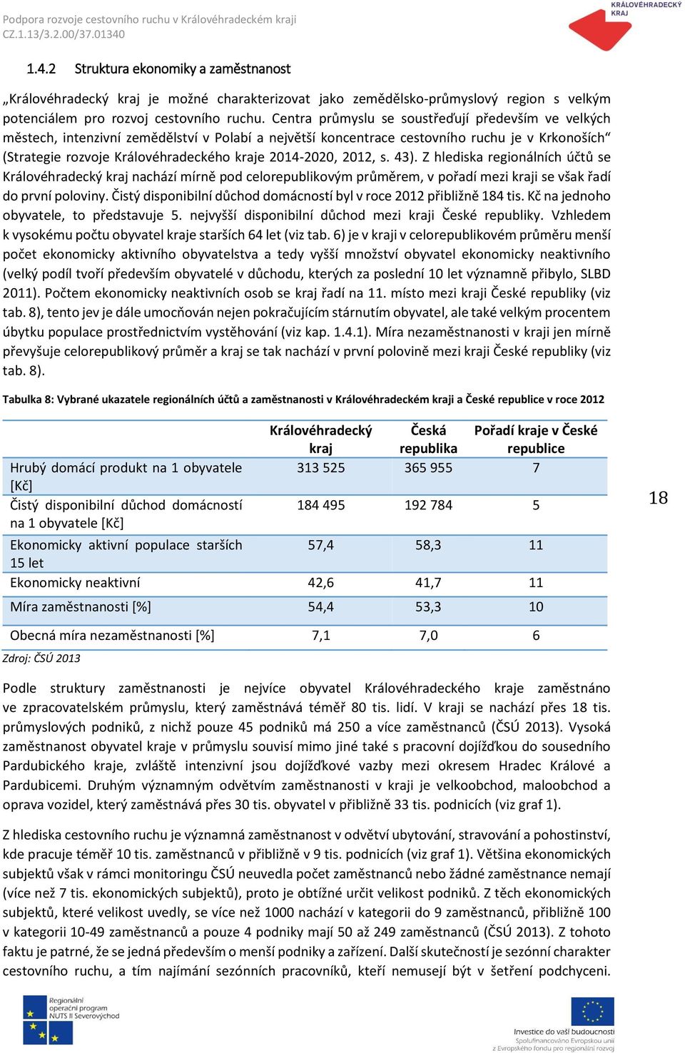 2014-2020, 2012, s. 43). Z hlediska regionálních účtů se Královéhradecký kraj nachází mírně pod celorepublikovým průměrem, v pořadí mezi kraji se však řadí do první poloviny.