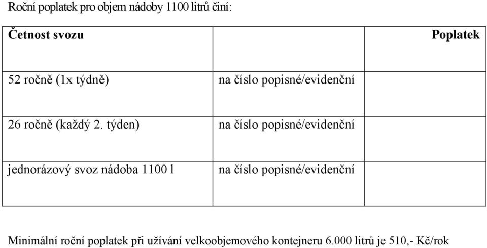 týden) na číslo popisné/evidenční jednorázový svoz nádoba 1100 l na číslo