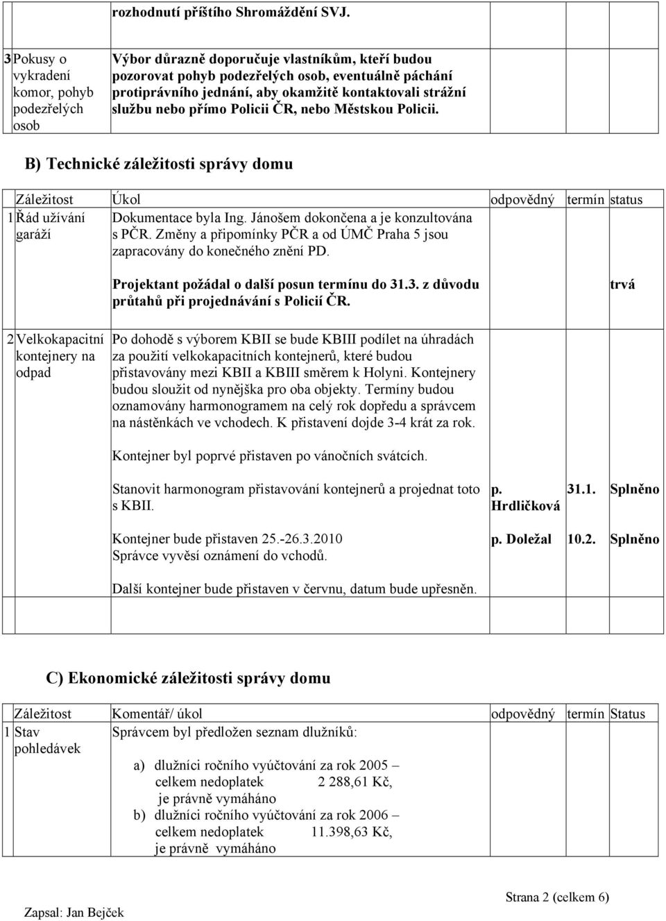 kontaktovali strážní službu nebo přímo Policii ČR, nebo Městskou Policii. B) Technické záležitosti správy domu Záležitost Úkol odpovědný termín status 1 Řád užívání garáží Dokumentace byla Ing.