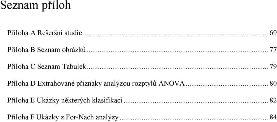 .. 79 Příloha D Extrahované příznaky analýzou rozptylů ANOVA.