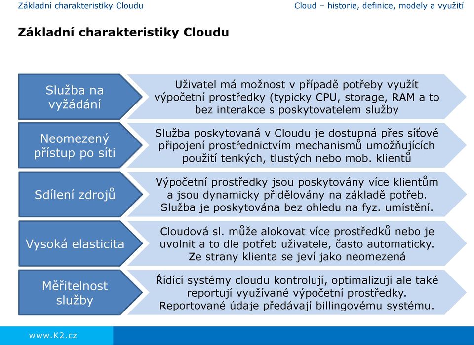 použití tenkých, tlustých nebo mob. klientů Výpočetní prostředky jsou poskytovány více klientům a jsou dynamicky přidělovány na základě potřeb. Služba je poskytována bez ohledu na fyz. umístění.