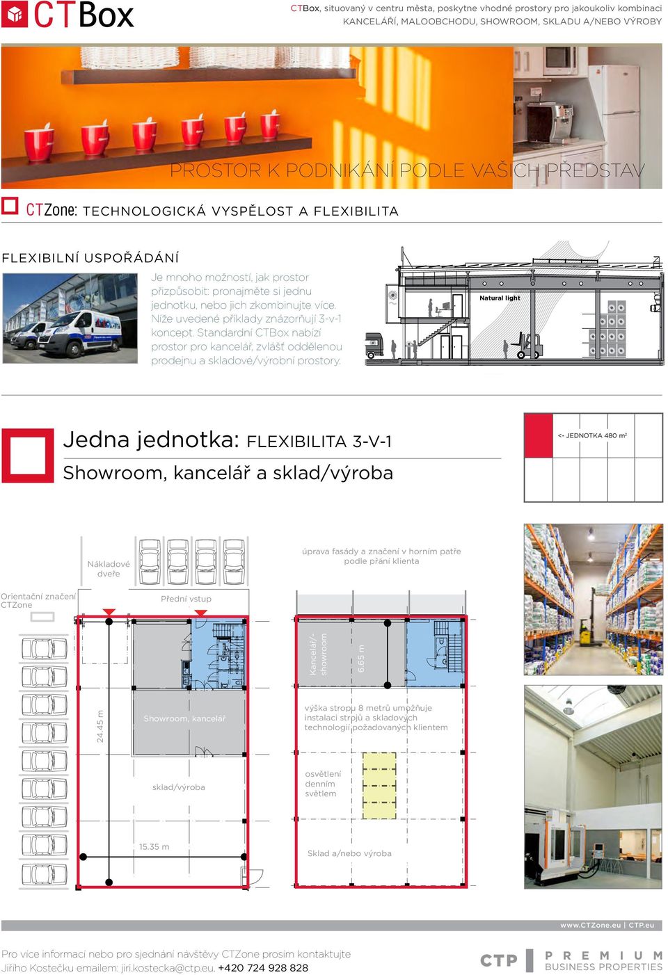 Natural light Jedna jednotka: FLEXIBILITA 3-V-1 Showroom, kancelář a sklad/výroba <- JEDNOTKA 480 m 2 Nákladové Nákladové dveře dveře úprava úprava fasády fasády a značení a značení v horním v horním