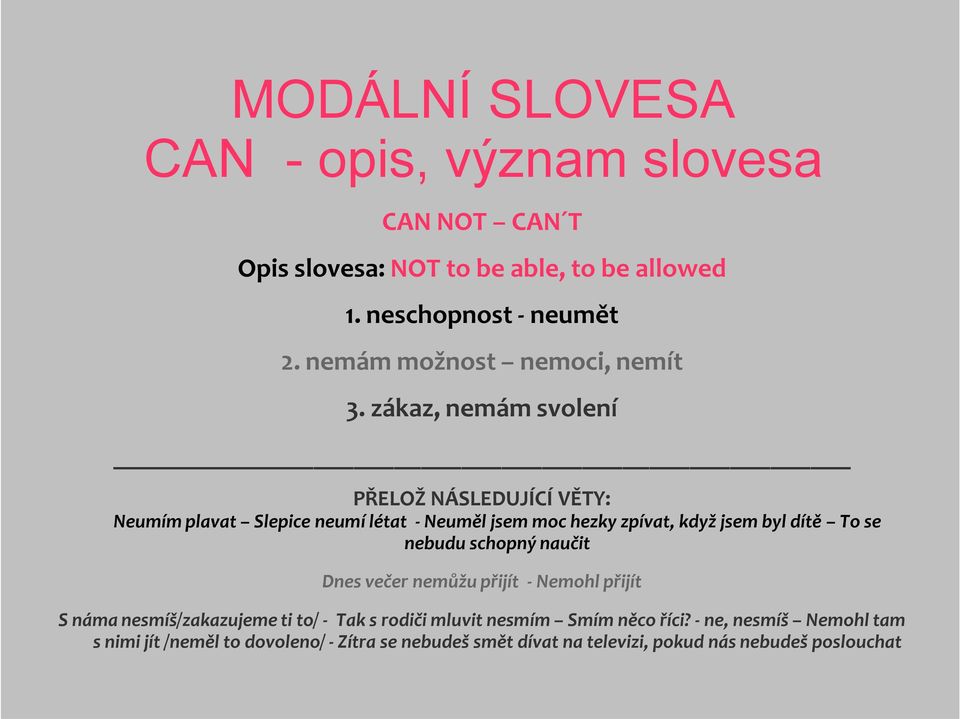 zákaz, nemám svolení PŘELOŽ NÁSLEDUJÍCÍ VĚTY: Neumím plavat Slepice neumí létat - Neuměl jsem moc hezky zpívat, když jsem byl dítě To se