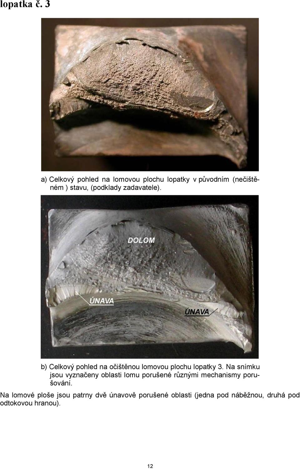 zadavatele). b) Celkový pohled na očištěnou lomovou plochu lopatky 3.