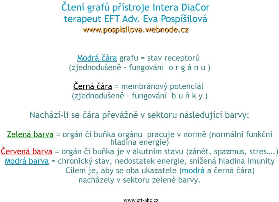 Nachází-li se čára převážně v sektoru následující barvy: Zelená barva = orgán či buňka orgánu pracuje v normě (normální funkční hladina energie) Červená