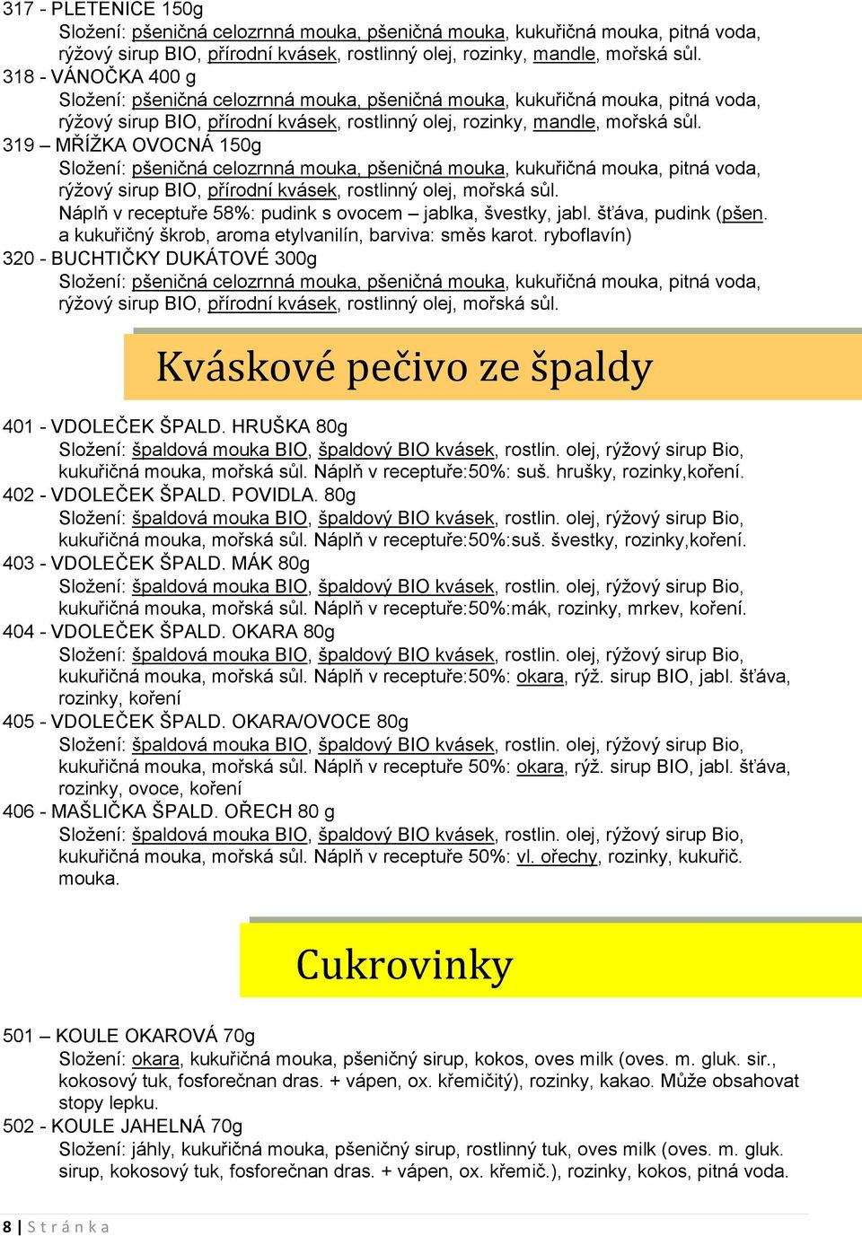 ryboflavín) 320 - BUCHTIČKY DUKÁTOVÉ 300g Kváskové pečivo ze špaldy 401 - VDOLEČEK ŠPALD. HRUŠKA 80g Sloţení: špaldová mouka BIO, špaldový BIO kvásek, rostlin.