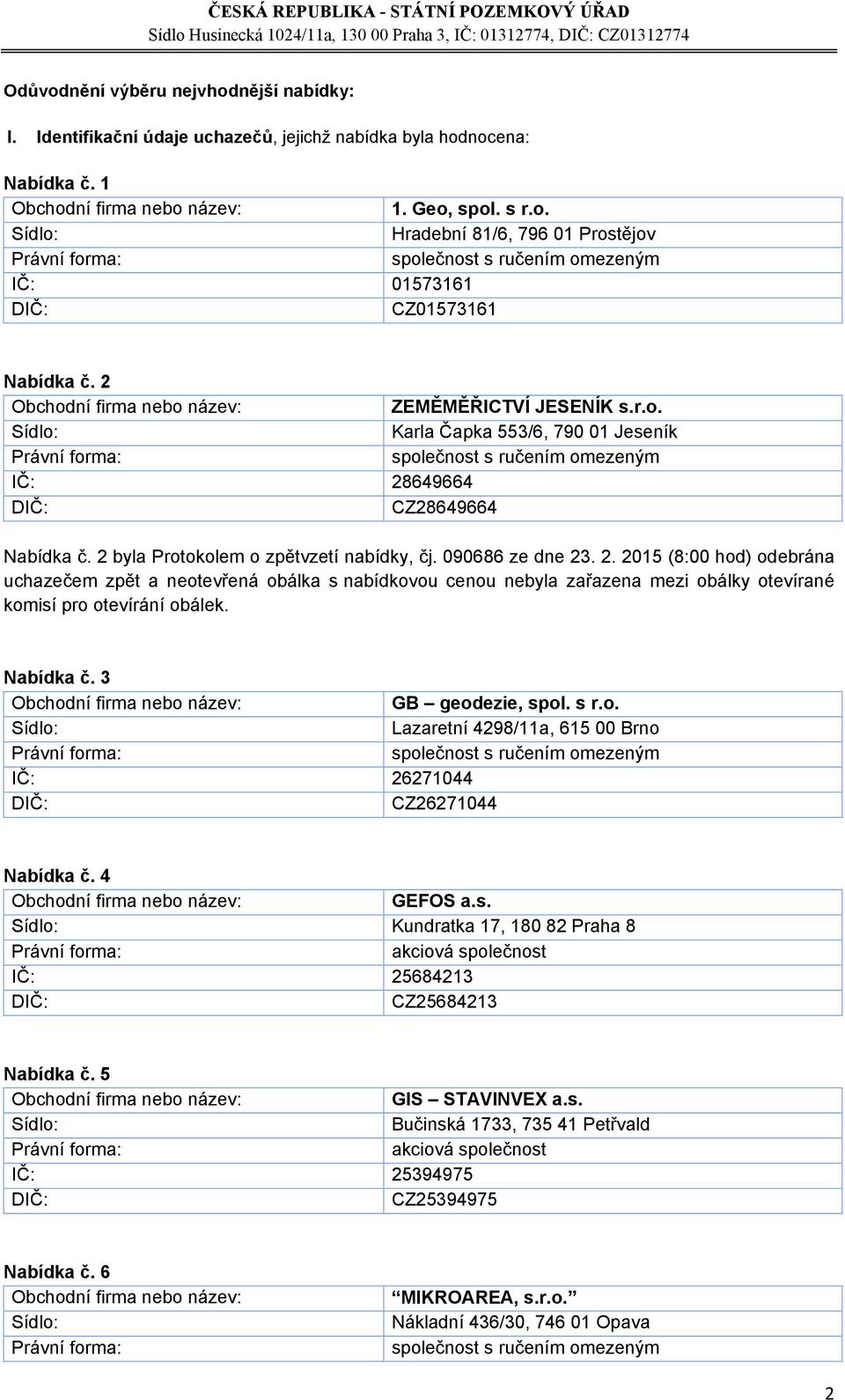 2 byla Protokolem o zpětvzetí nabídky, čj. 090686 ze dne 23