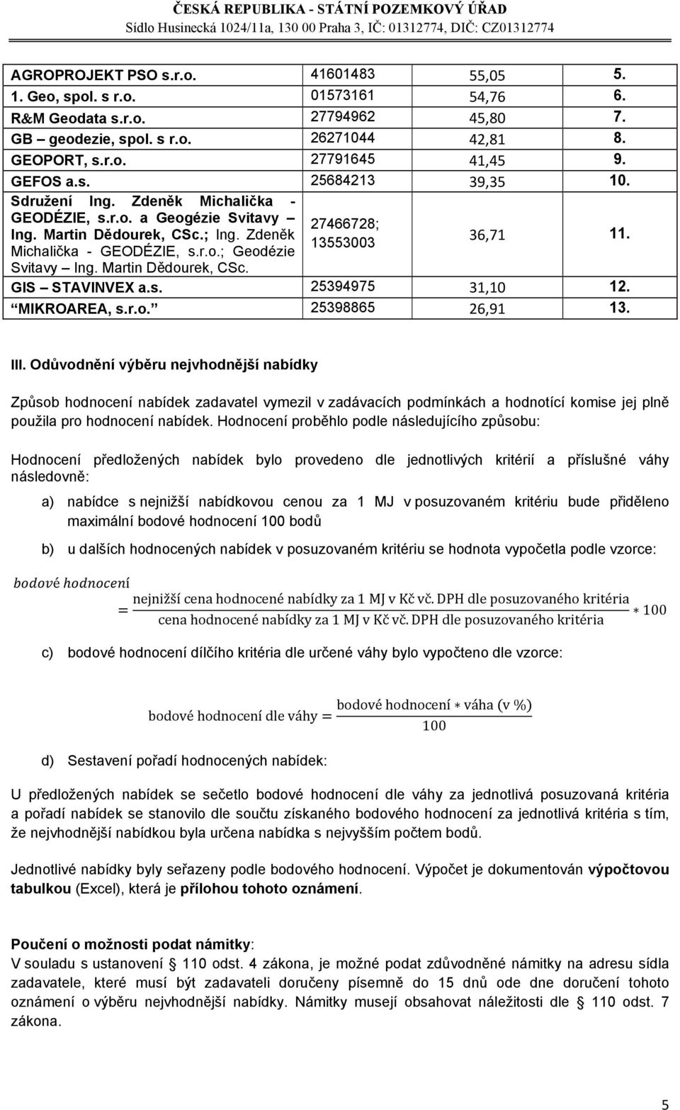 Martin Dědourek, CSc.; Ing. Zdeněk Michalička - GEODÉZIE, s.r.o.; Geodézie Svitavy Ing. Martin Dědourek, CSc. 27466728; 13553003 36,71 11. GIS STAVINVEX a.s. 25394975 31,10 12. MIKROAREA, s.r.o. 25398865 26,91 13.